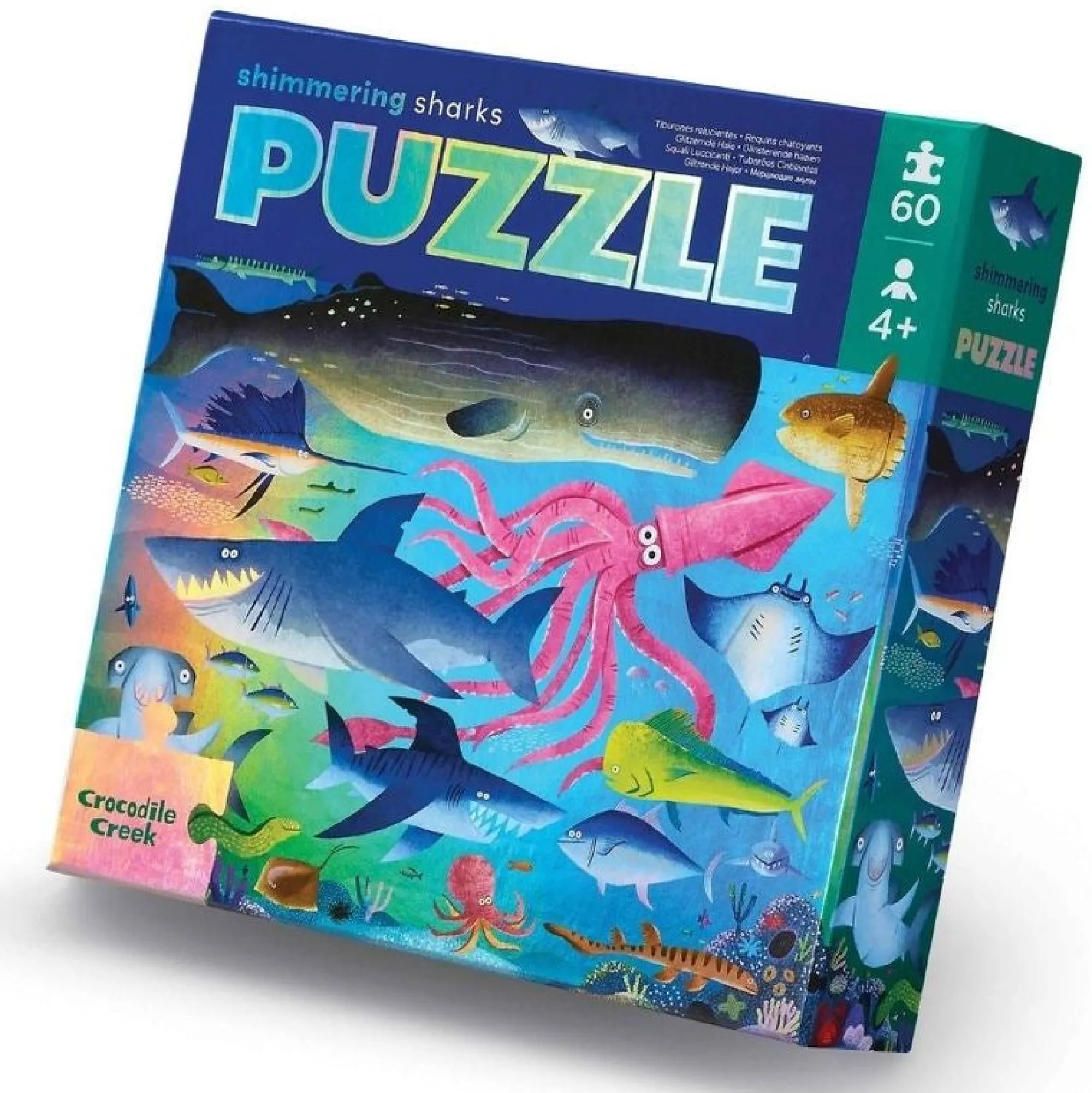 foil_puzzle___pieces__shi_0.webp Crocodile Creek Puzzles>Foil Puzzle - 60 pieces - Shimmering Sharks - 4+