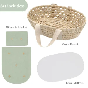 Playground Dolls>Moses Basket Rattan Doll Set Sage