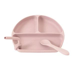 All4Ella Feeding & Hydration | Baby>Silicone Plate with Straw & Spoon - Dusty Pink