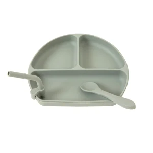 All4Ella Travel | Feeding & Hydration>Silicone Plate with Straw & Spoon - Olive