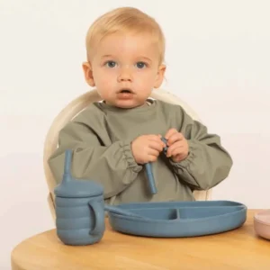 All4Ella Feeding & Hydration | Baby>Silicone Plate with Straw & Spoon - Slate Blue